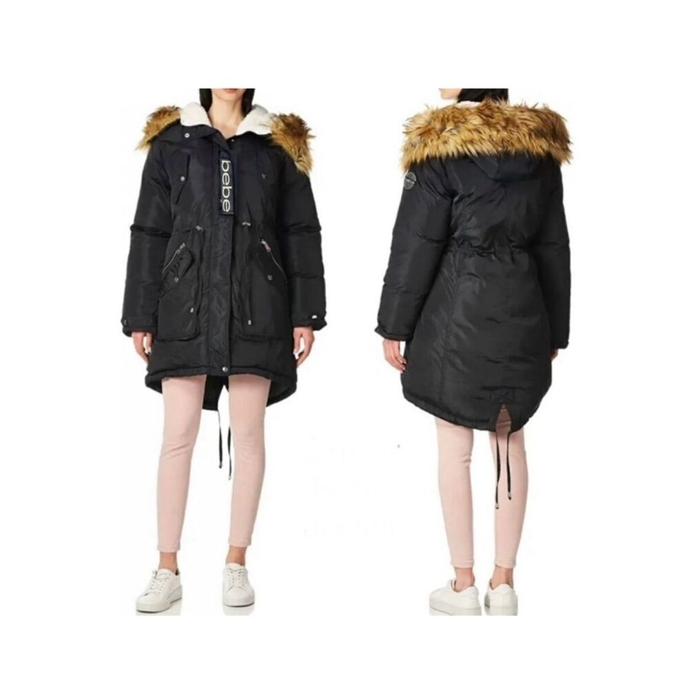 NWT bebe Sz XL Black Parka Anorak Hoodie Sherpa Puffer Jacket with Removable Fur